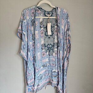 NWT Woven Heart Women's Blue Floral Open Front Kimono Swimsuit Cover Up Size OS